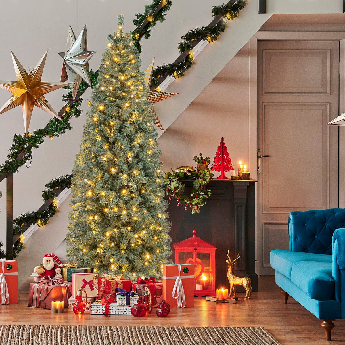 Pre-Lit Blue Artificial Christmas Tree Slim with 9 Lighting Modes