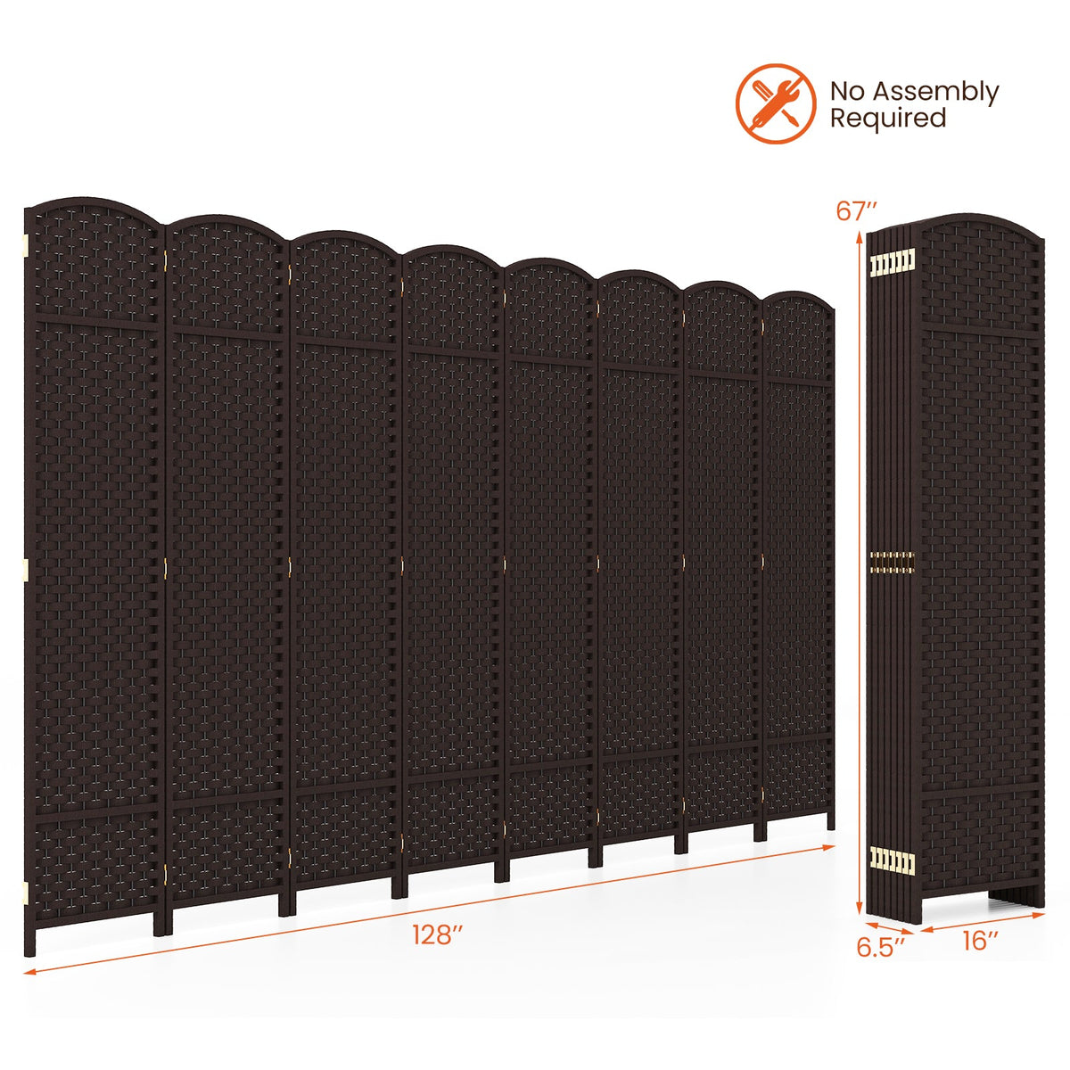 8-Panel Folding Room Divider with Hand-woven Texture and Wood Frame