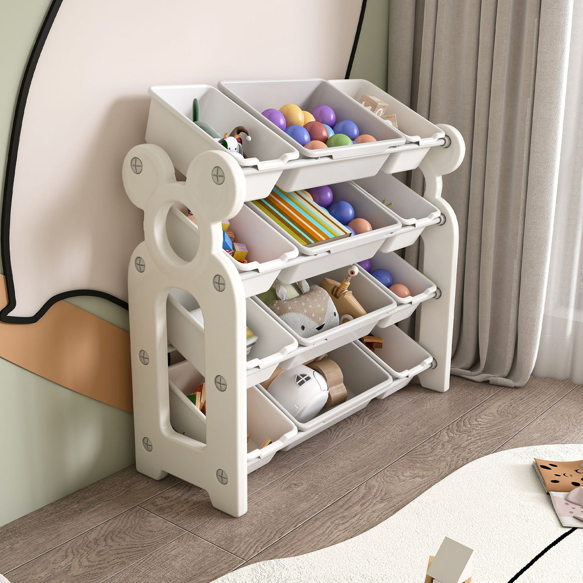 Multi Functional Kids Toy Storage Organizer Cabinet With Hdpe Shelf And 12 Bins - Gray / Ivory