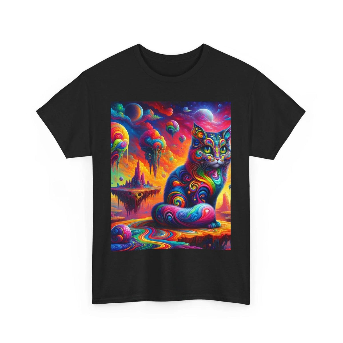 Psychedelic Cat in Surreal Landscape Shirt: A Fusion of Fantasy and Feline Charm