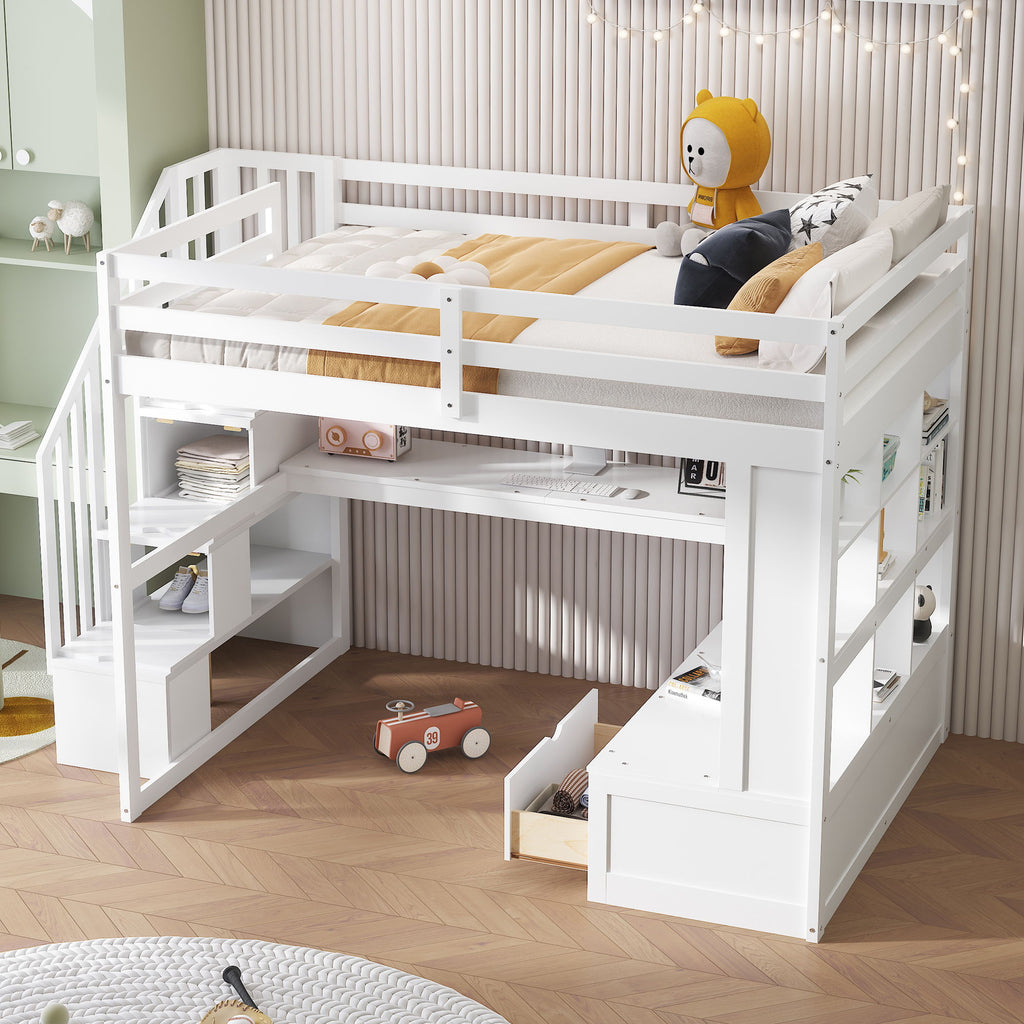 Full Size Loft Bed With Desk And Shelves, 2 Built In Drawers, Storage Staircase - White