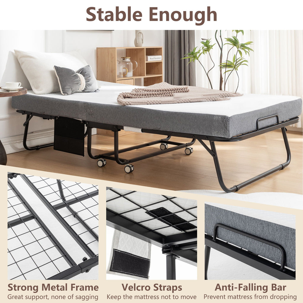 Foldable Metal Frame Bed For Guest With Memory Foam Mattress On Wheels, Saving Space Rollaway Bed