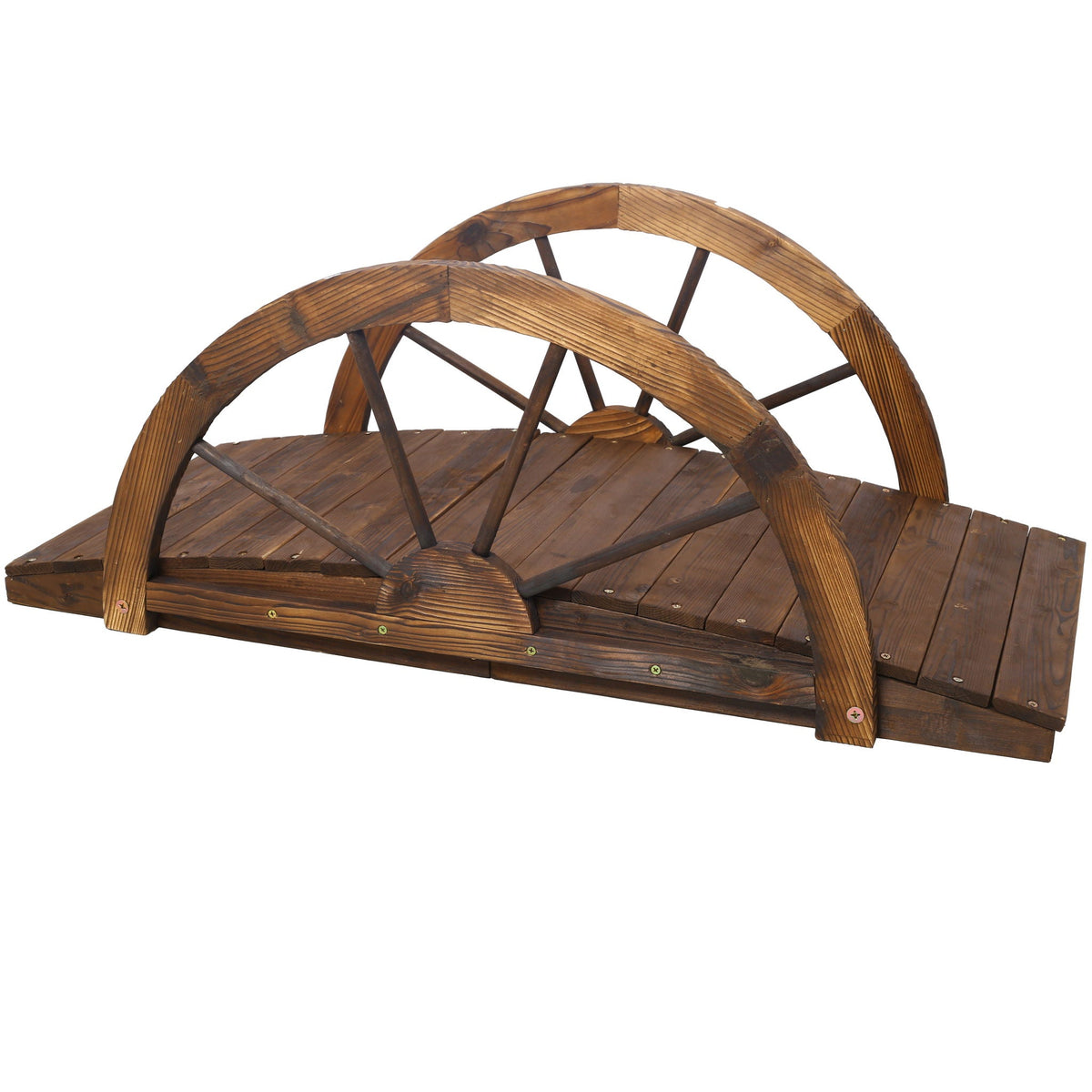 Wooden Garden Bridge Arc Footbridge With Half Wheel Railings Solid Fi - Brown