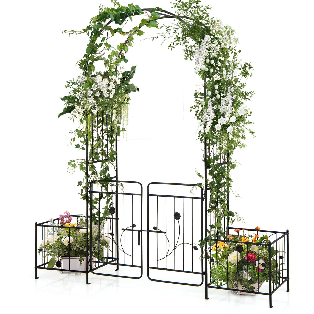87 Inches Garden Arbor with Lockable Gate Side Planters-Black