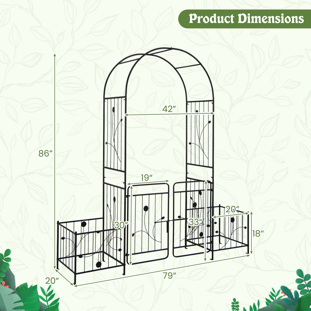 87 Inches Garden Arbor with Lockable Gate Side Planters-Black