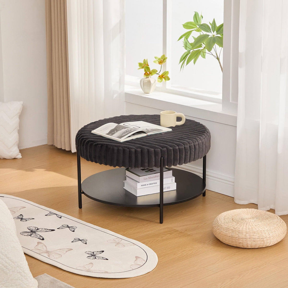Modern Upholstered Round Ottoman Coffee Table With Storage Shelf