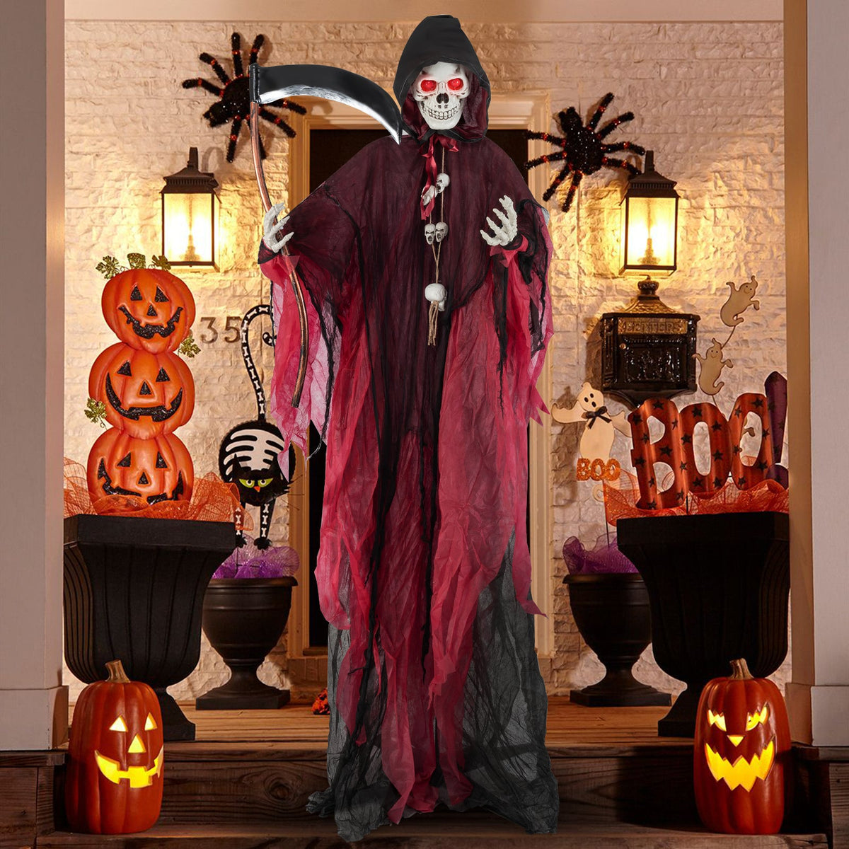 8 Feet Halloween Standing Grim Reaper with Terrifying Sounds and Lighted Eyes