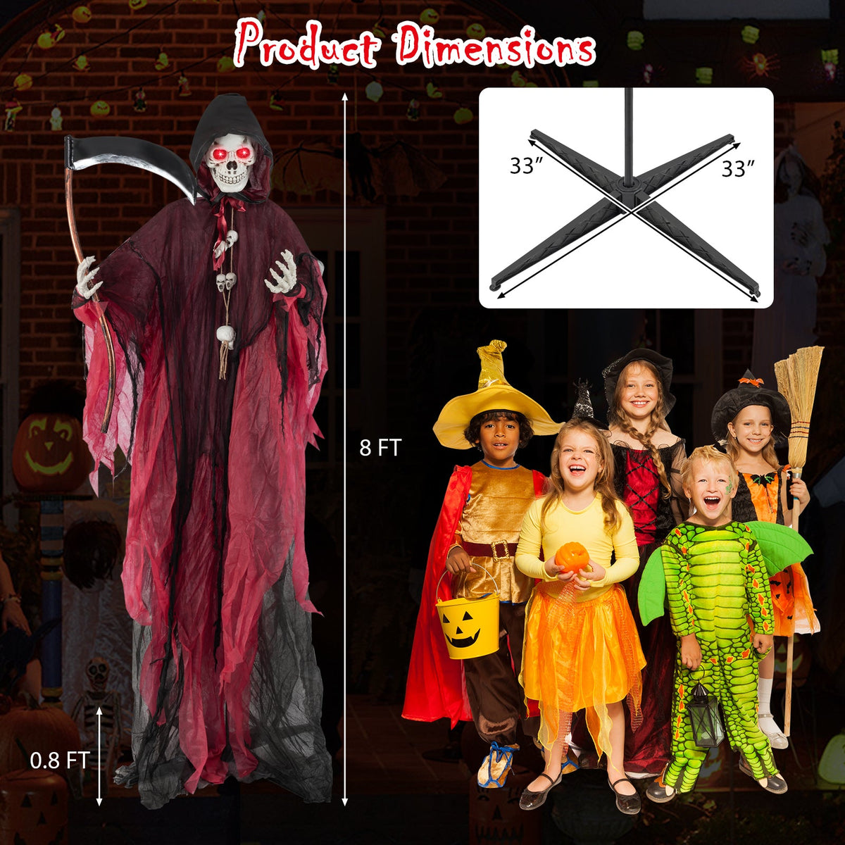 8 Feet Halloween Standing Grim Reaper with Terrifying Sounds and Lighted Eyes