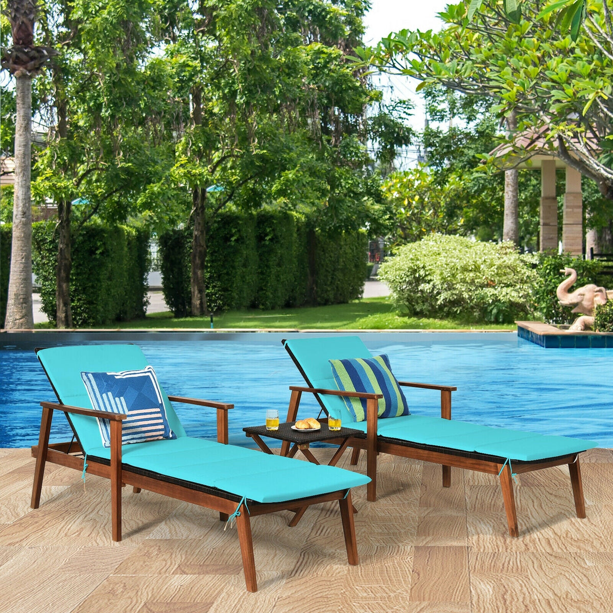 3 Pieces Portable Patio Cushioned Rattan Lounge Chair Set with Folding Table