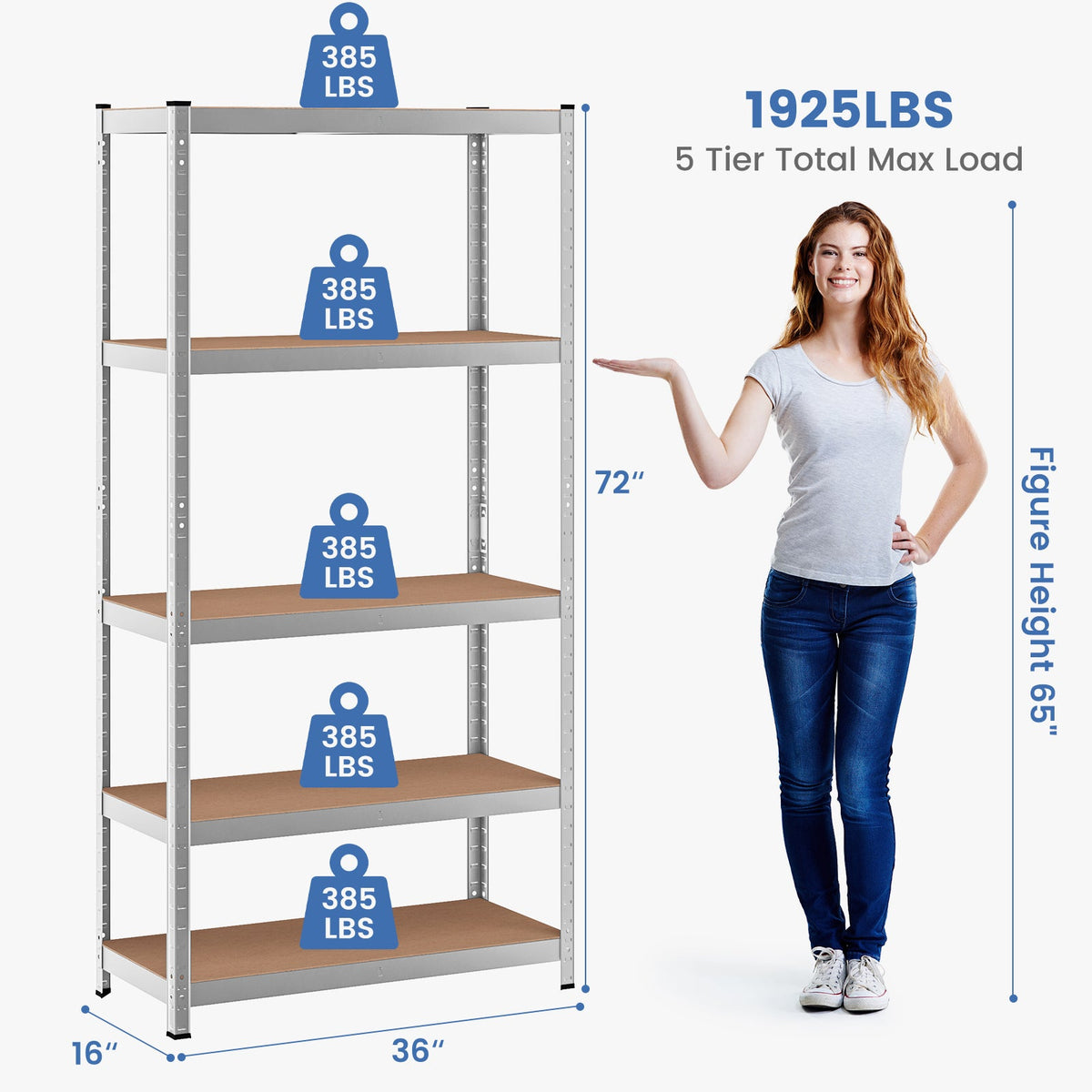 35.5 x 71 Inch Adjustable 5-Layer 2000 lbs Capacity Tool Shelf-Silver