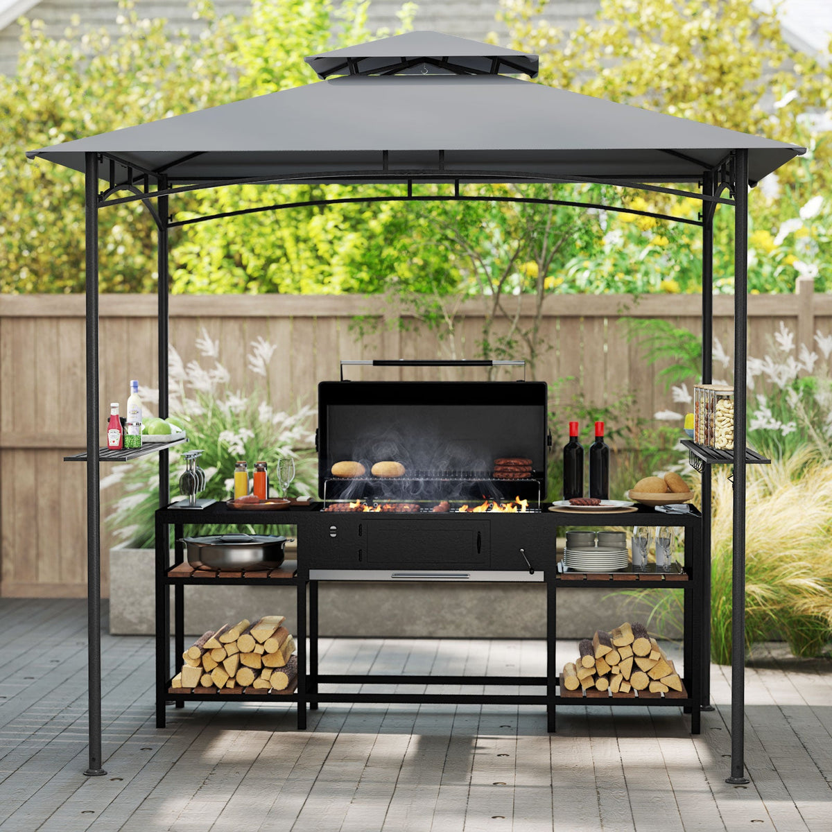 8 x 5 Feet Grill Gazebo with 2 Shelves 6 Hooks and Metal Frame-Gray