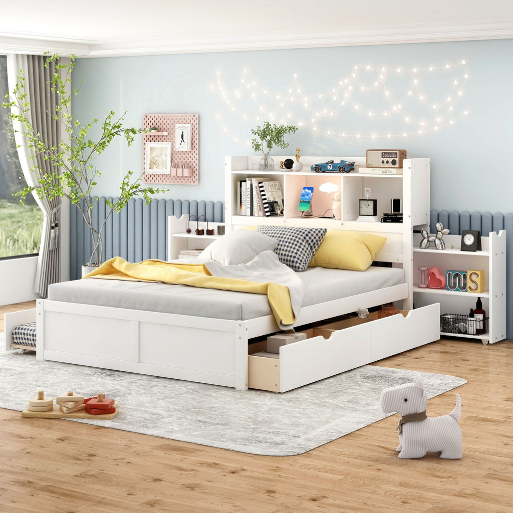 Storage Platform Bed With Pull Out Shelves, Trundle, And 2 Drawers