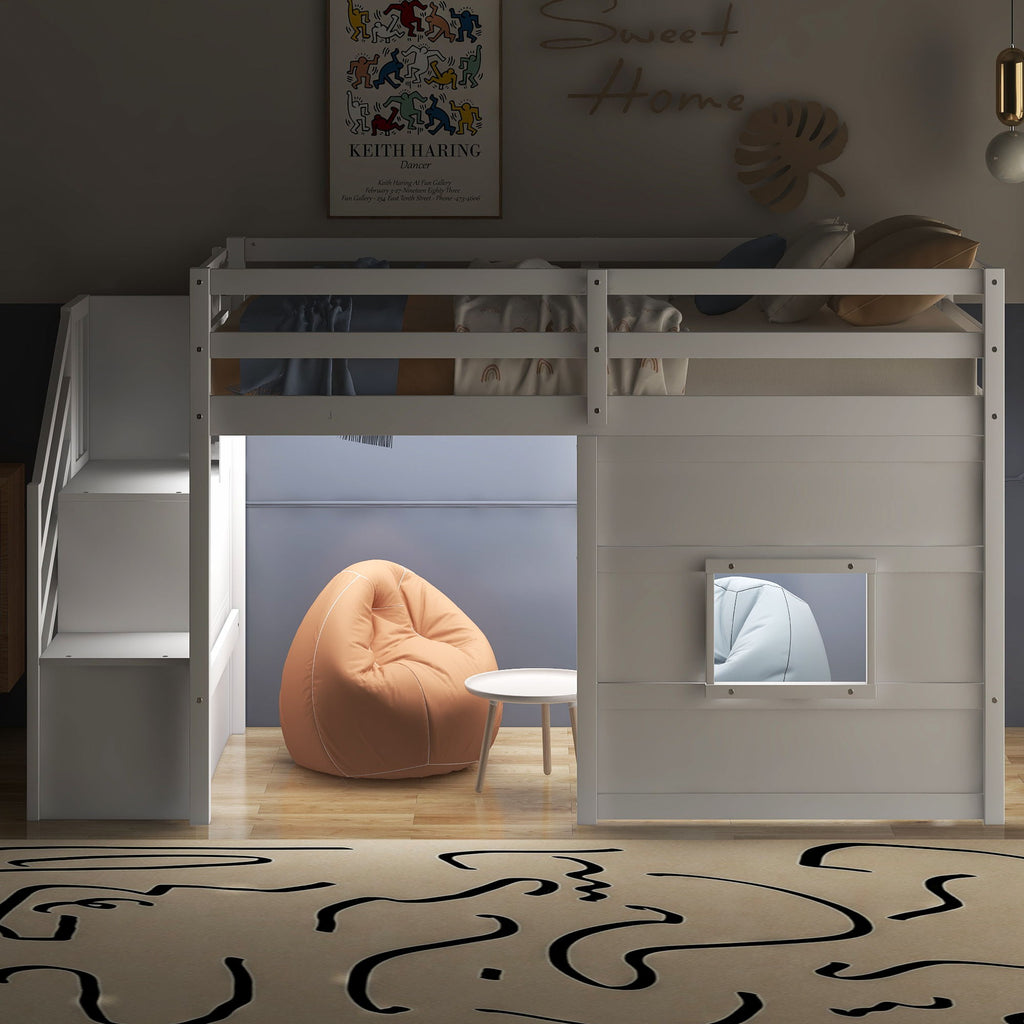 Loft Bed With Storage Staircase, Window & LED Light