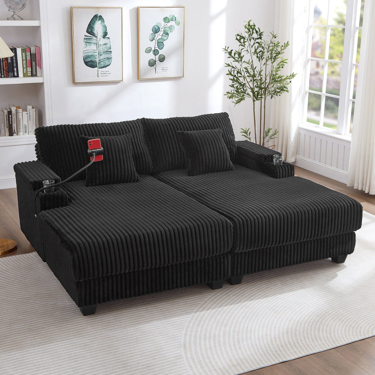 Modern Chaise Sofa With Adjustable Backrest, Cup Holders, Phone Holder & Storage Compartments For Living Room