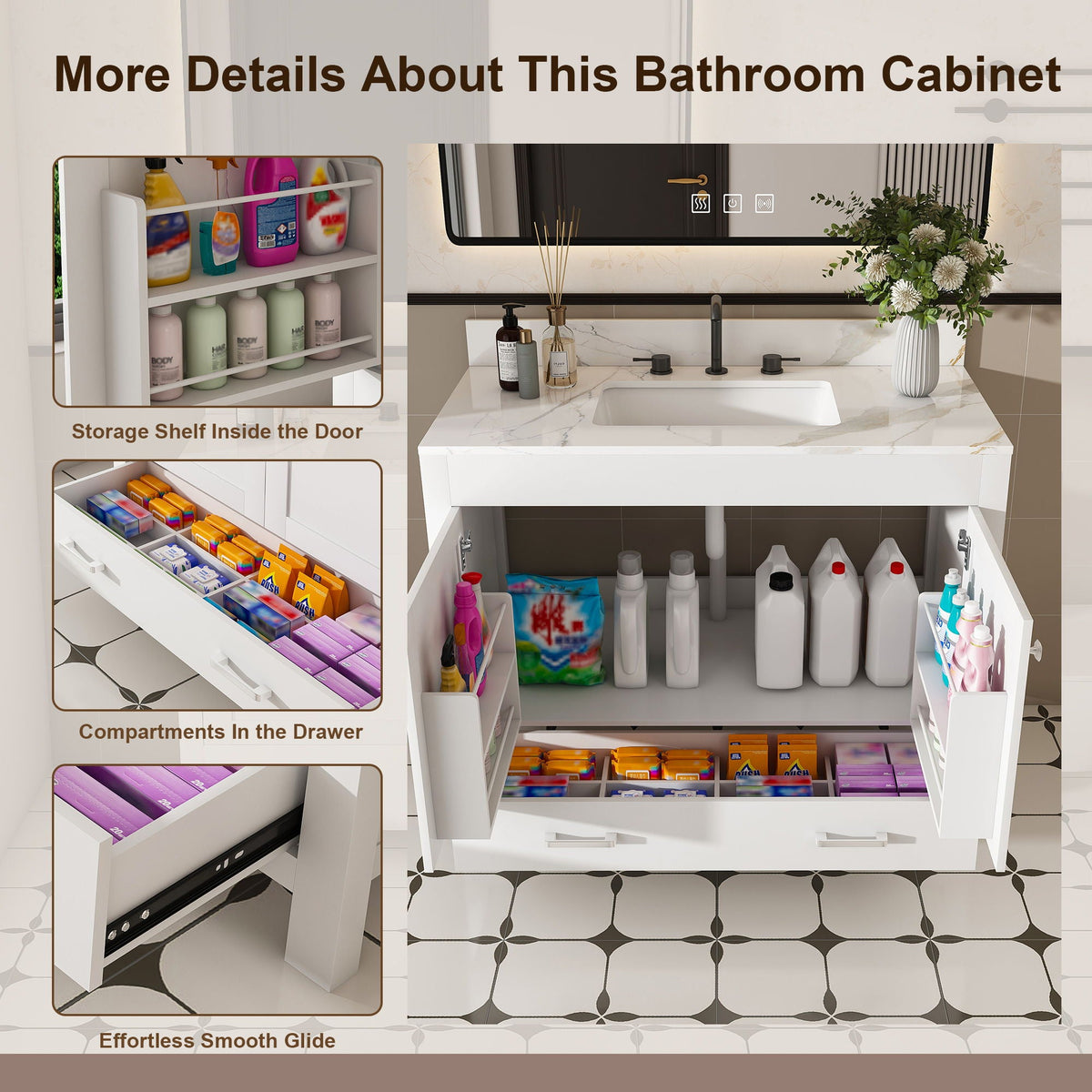 43" Bathroom Vanity, Multi Functional Cabinet With Doors And Drawer - White
