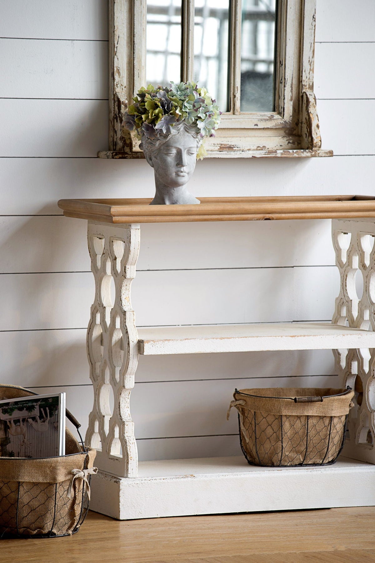 Distressed Wood Shelf Tray, French Country Console Table - Brown / Antique White
