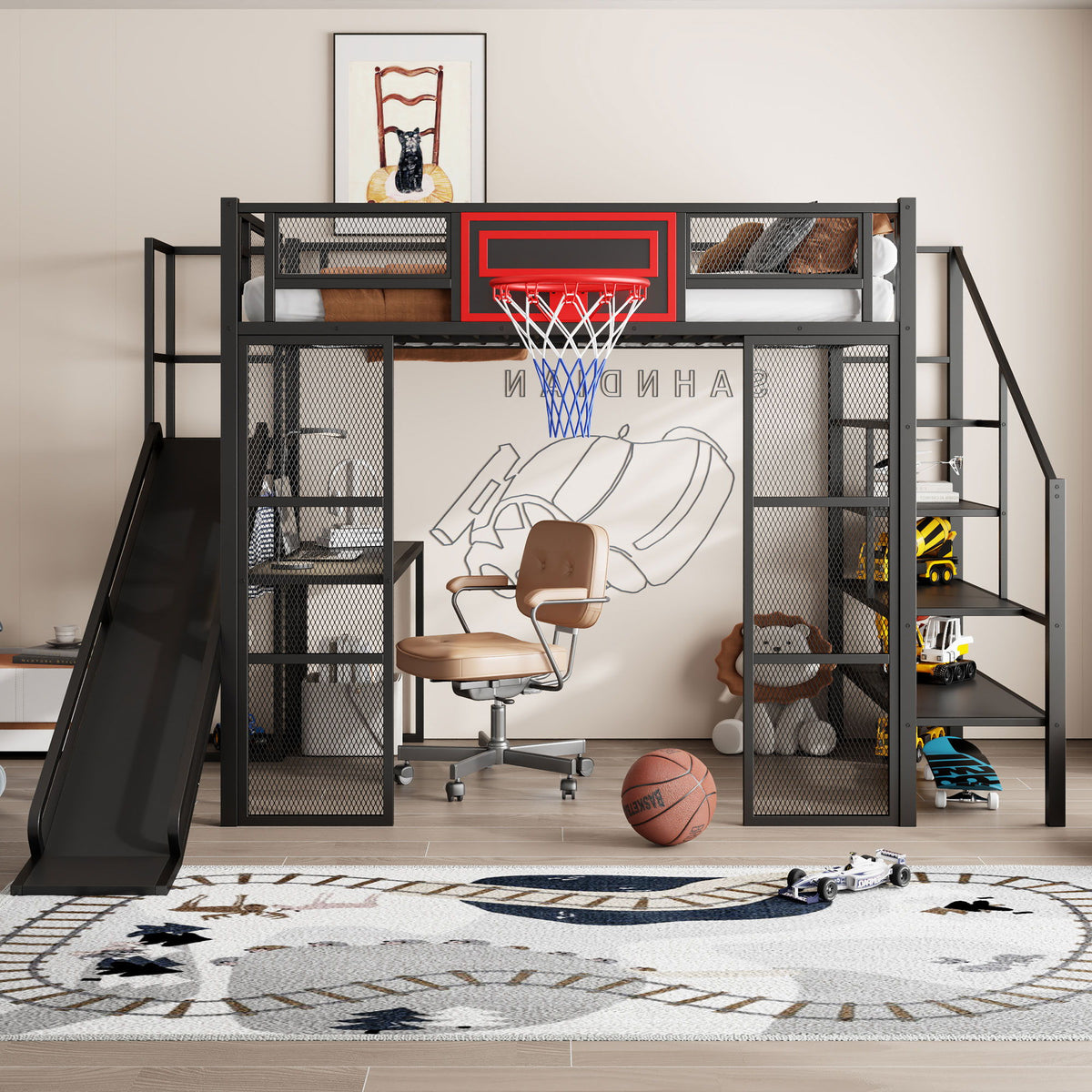 Loft Bed With Built In Desk, Open Wardrobe, Basketball Hoop, Slide And Staircase