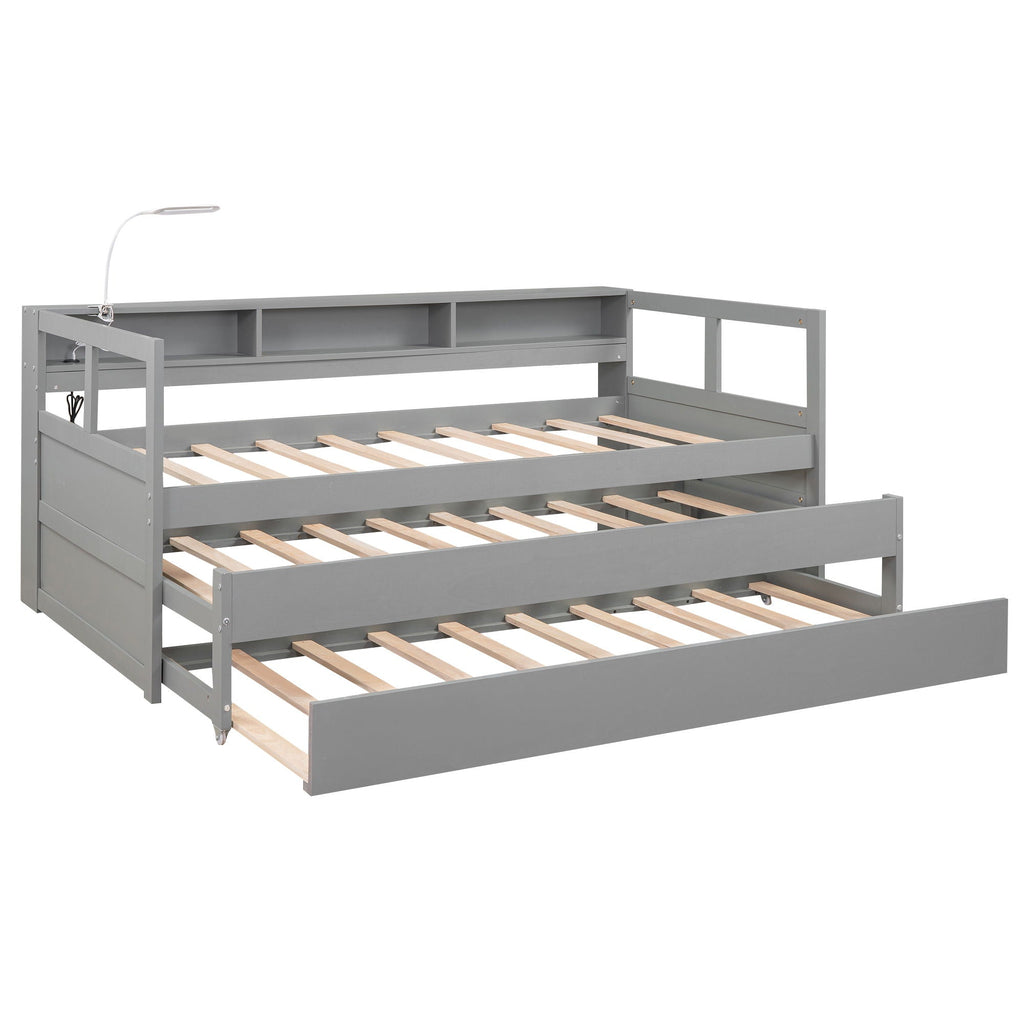 Daybed With 2 Trundles, 3 Storage Cubbies, Built In USB Charging Light