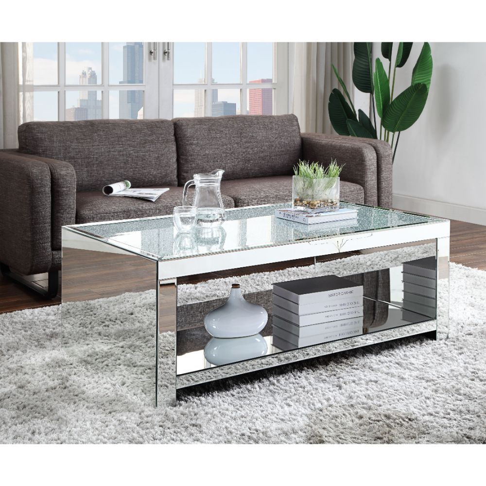 Noralie - Coffee Table - Clear Glass, Mirrored & Faux Diamonds