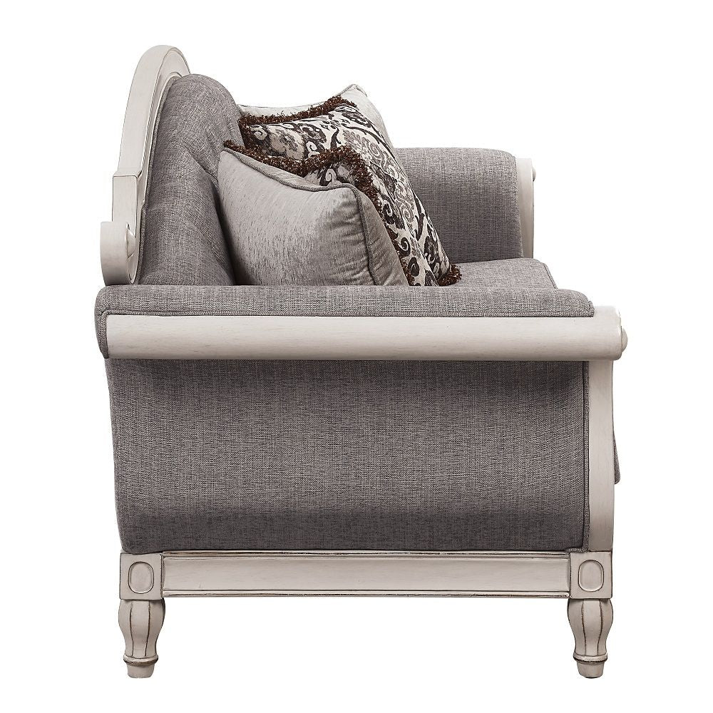 Florian - Sofa With 4 Pillows - Gray Fabric & Antique White