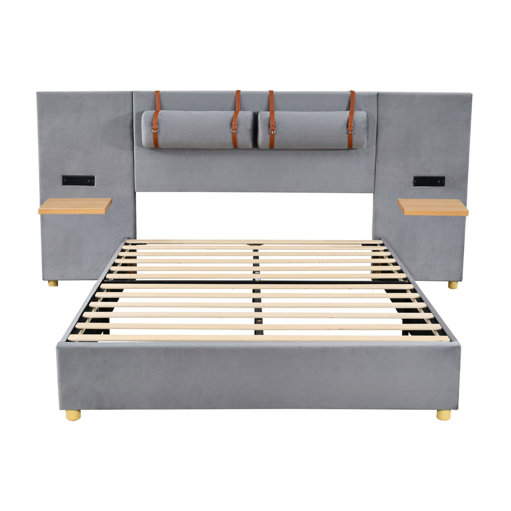 Upholstered Platform Bed, 2 Outlets And USB Charging Ports On Both Sides, 2 Bedside Pillows, Storage Shelves
