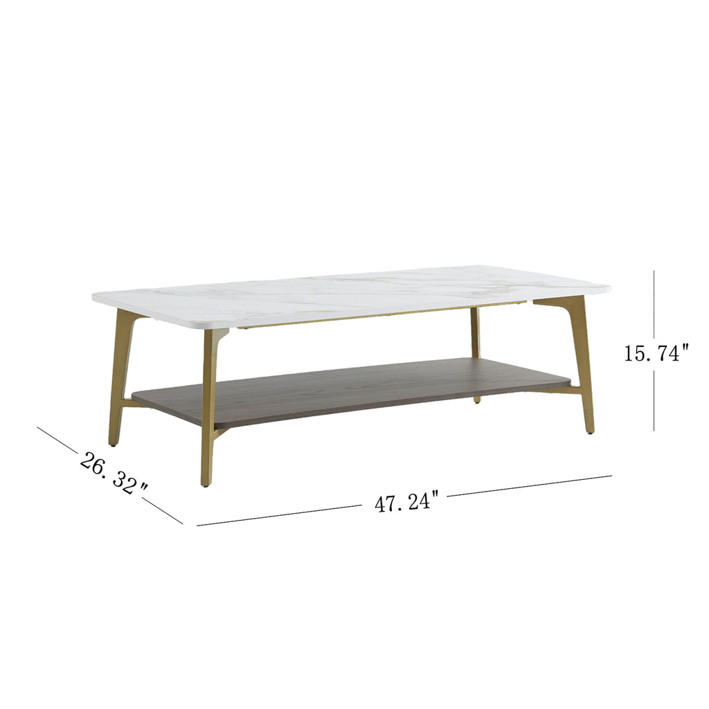 Coffee Table Rectangular Center Table For Living Room Open Space Side Table With Metal Frame - Golden / White