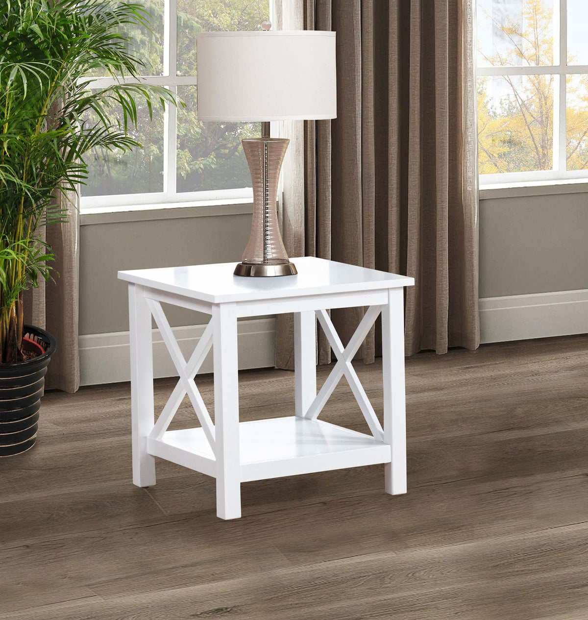 Skyview Square Pine Wood Side End Table with Shelf White