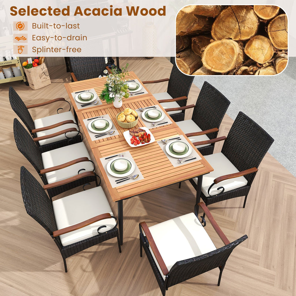 79 Inch Outdoor Dining Table and 8 Rattan-woven Dining Chairs with Acacia Wood Tabletop