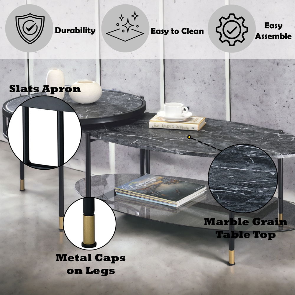 Silas - Nesting Coffee Table Set - Faux Marble Top & Black