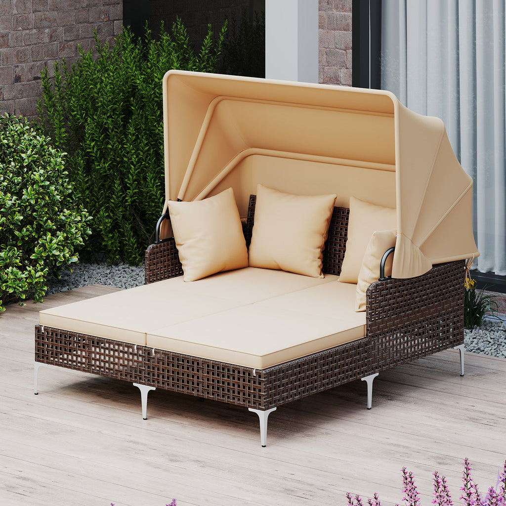 Outdoor Daybed with Retractable Canopy PE Wicker Rattan Patio Lounger