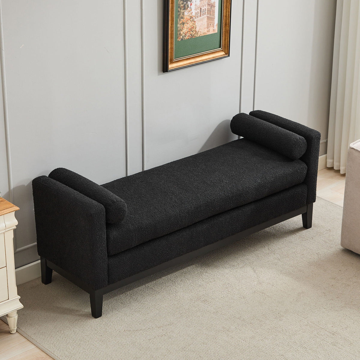 Elegant Upholstered Bench, Daybed, Ottoman With Wood Legs & 2 Bolster Pillows - Black Boucle