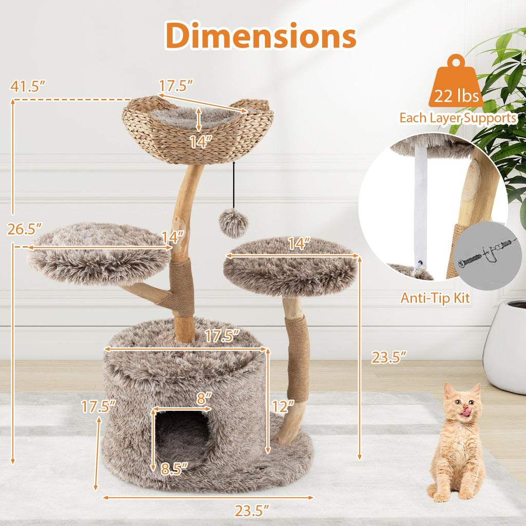 Wood Cat Tree Solid Pear Cat Tree with Perch and Sisal Scratching Posts-Brown