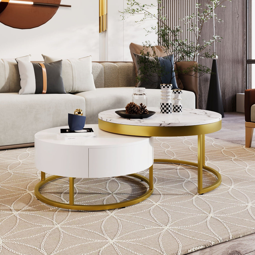 Round Nesting Coffee Table With Drawers - Golden / White