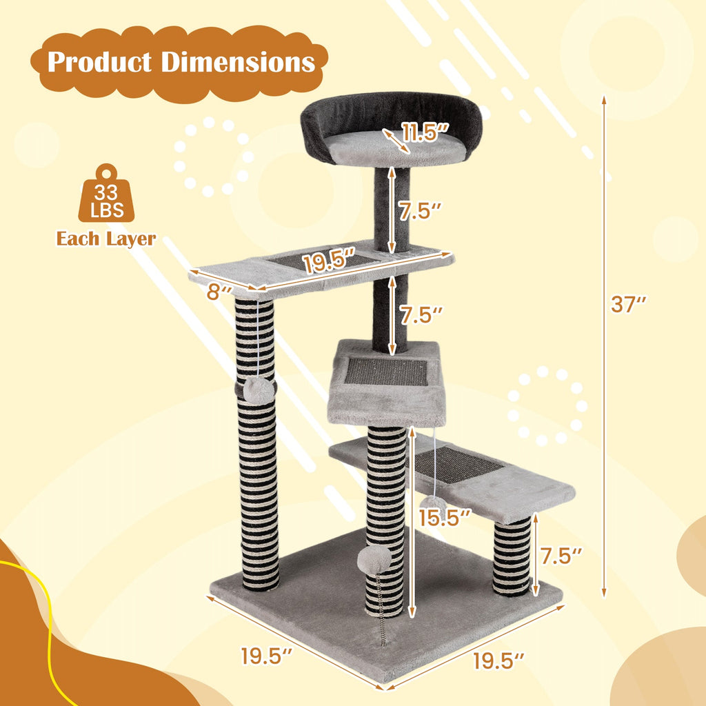 93 CM Tall Cat Tree Kitten Tower with Sisal and Jute Scratching Posts-Gray
