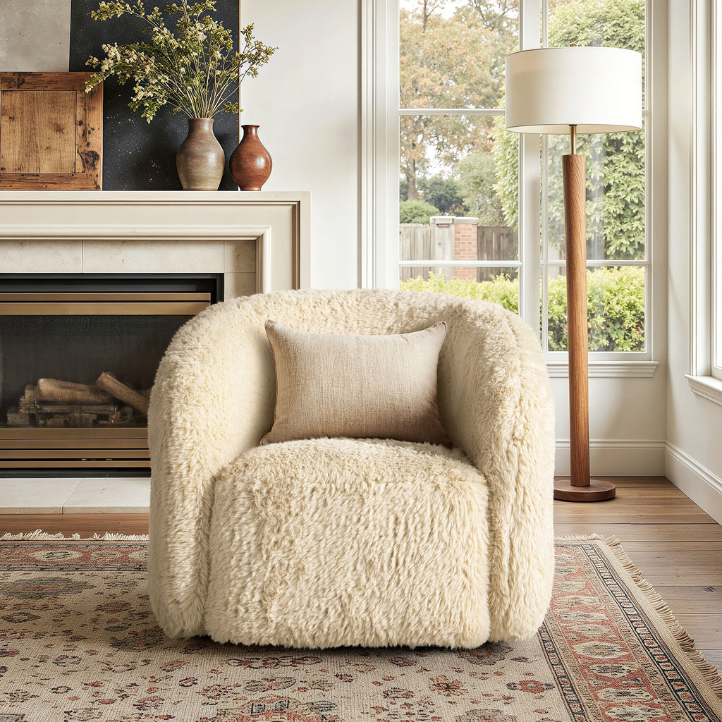 Colt - Fur Swivel Upholstered Barrel Accent Arm Chair - Cream Beige