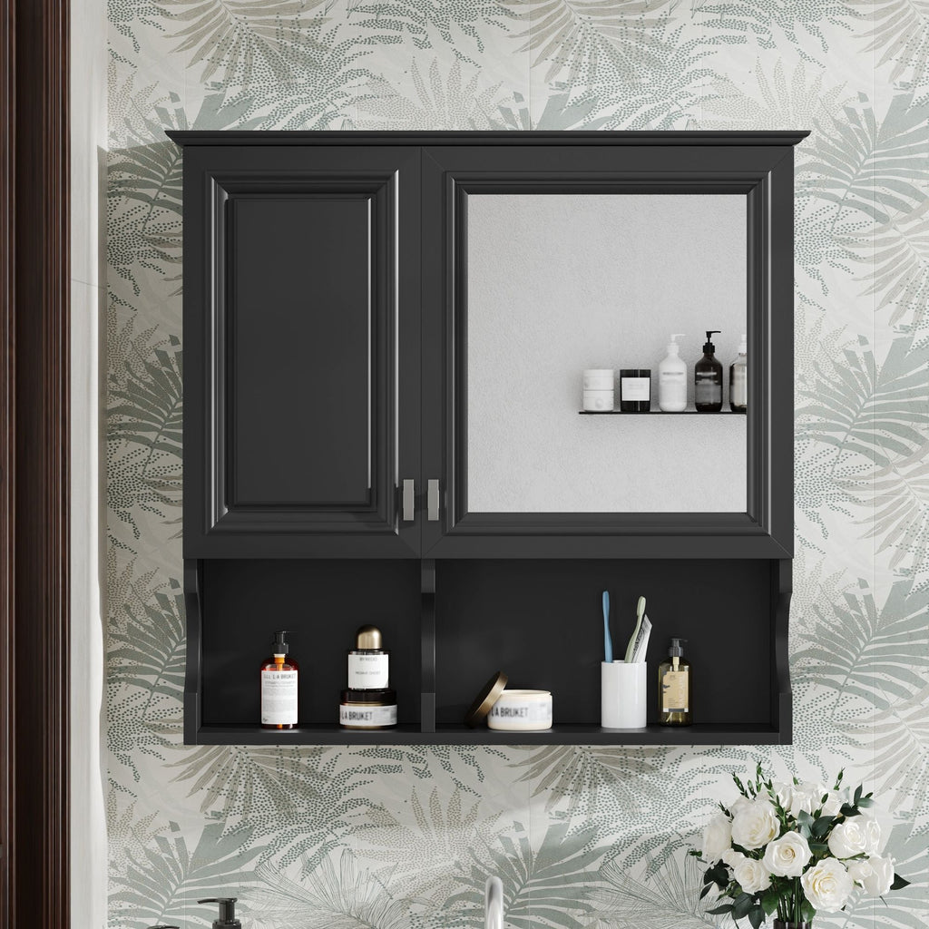 Wall Mounted Mirror Medicine Cabinet, Bathroom Storage With Doors And Open Shelves