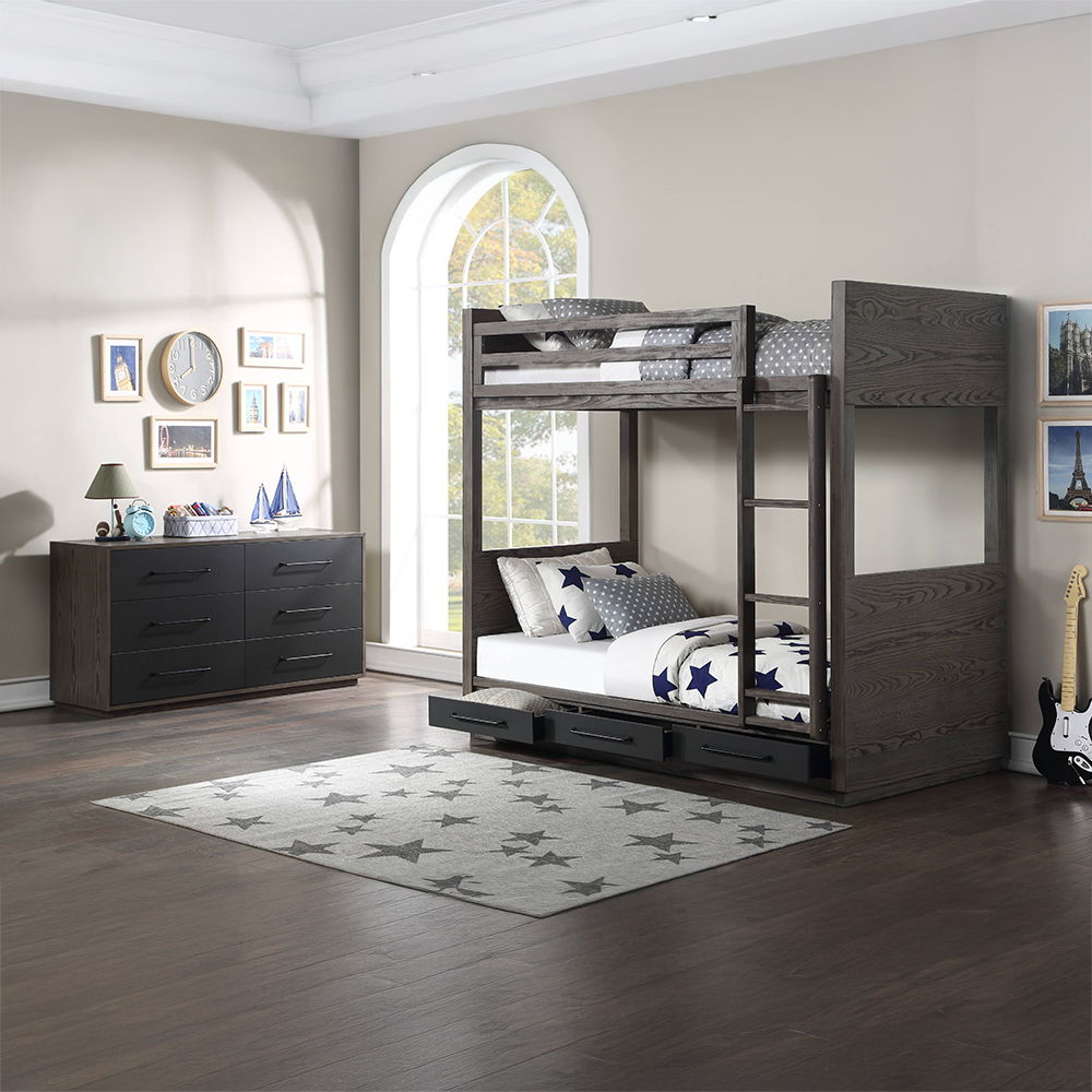 Estevon - Twin Over Twin Bunk Bed With Storage - Gray Oak