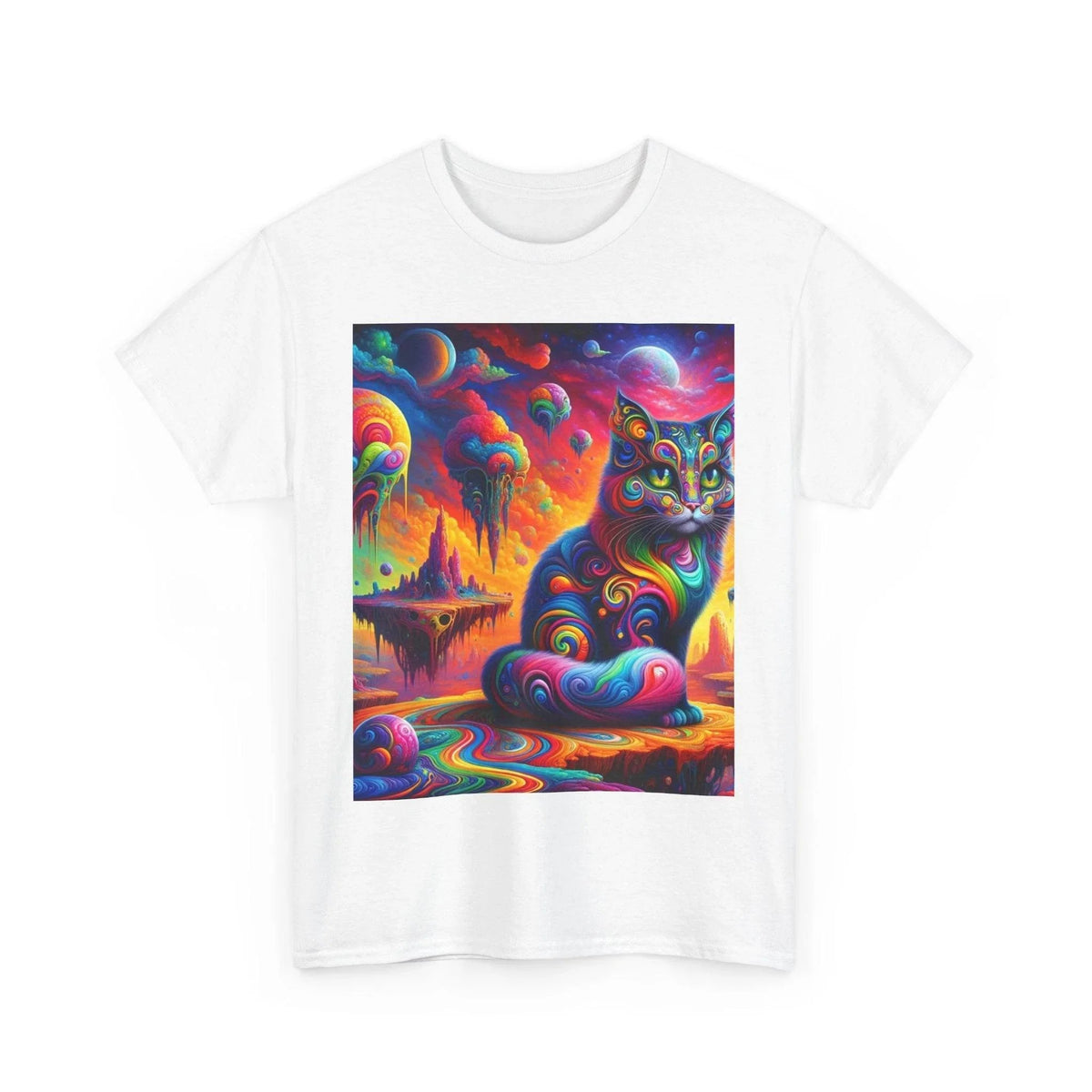 Psychedelic Cat in Surreal Landscape Shirt: A Fusion of Fantasy and Feline Charm