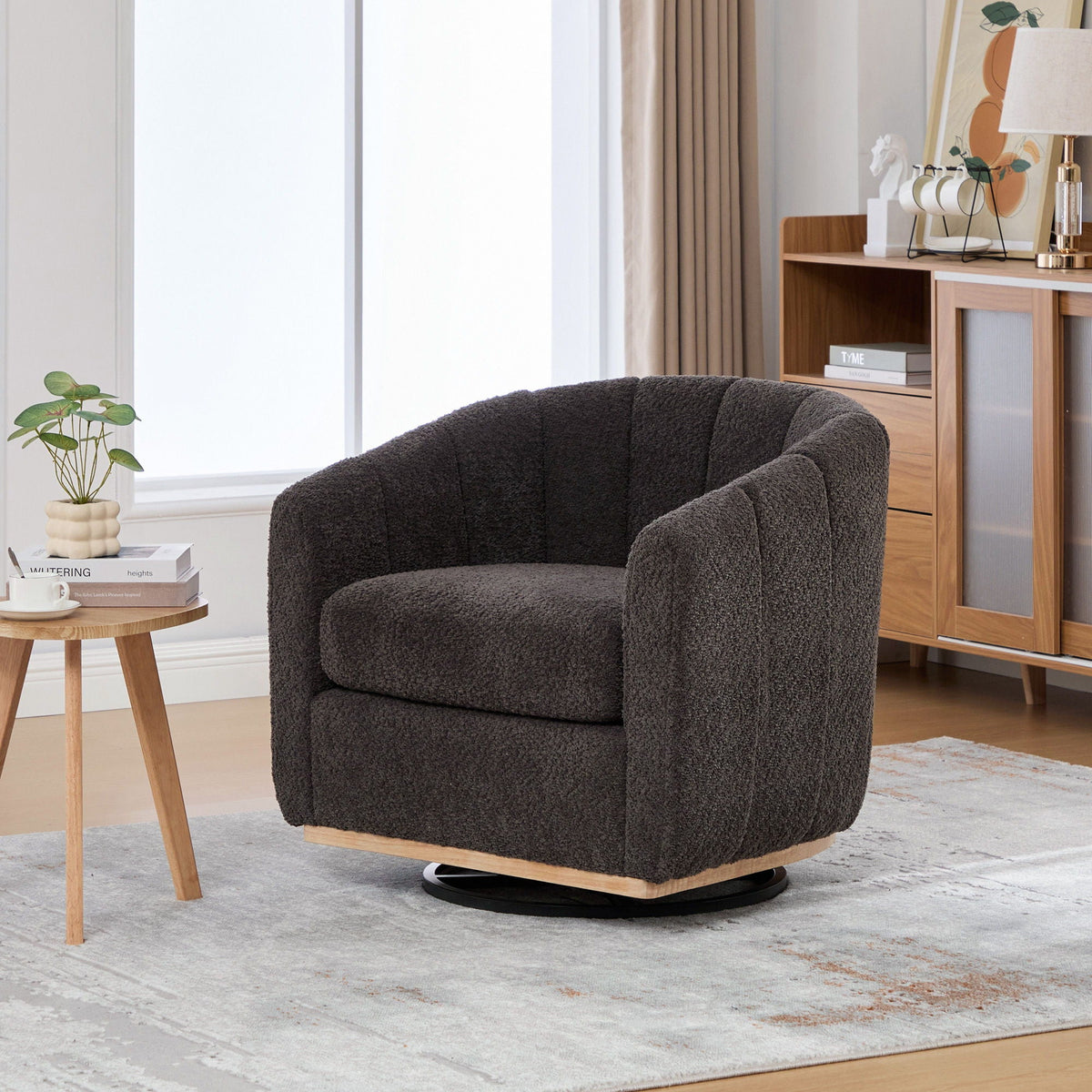 Swivel Upholstered Barrel Chair With Metal Base
