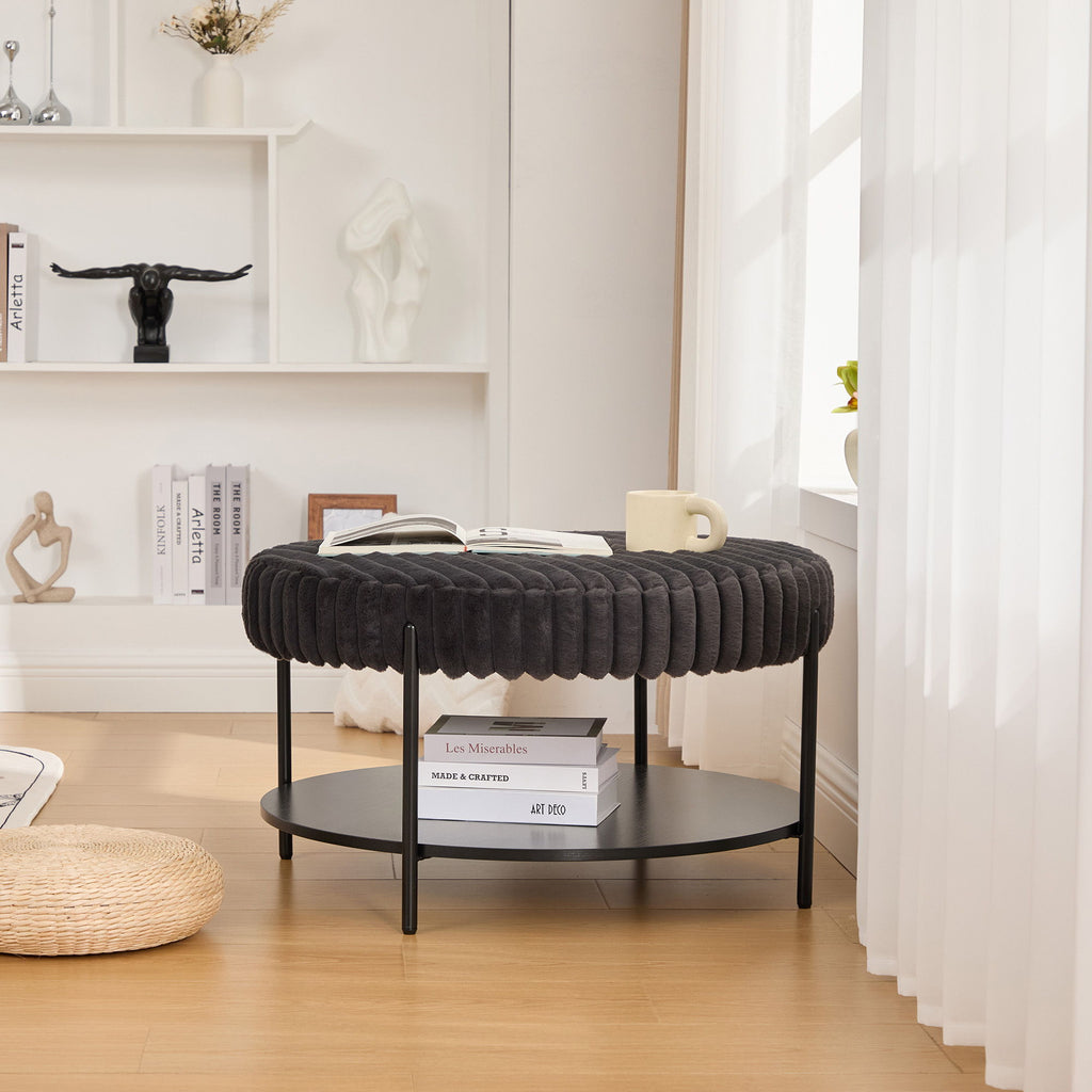 Modern Upholstered Round Ottoman Coffee Table With Storage Shelf