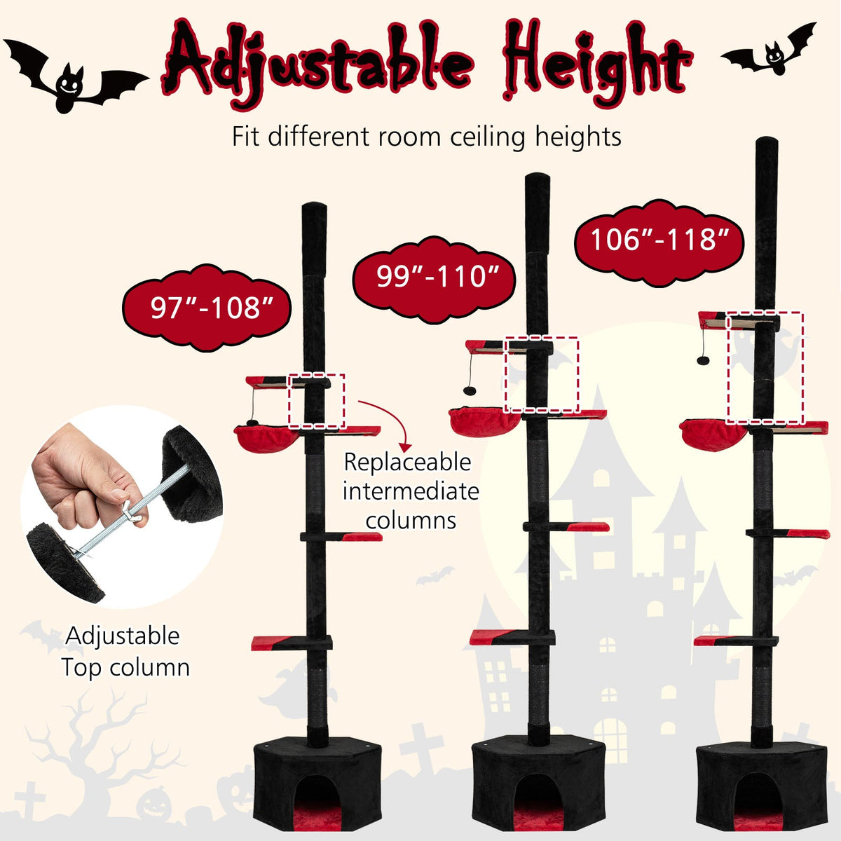 Floor to Ceiling Gothic Cat Tree 97-118 Inches Adjustable 5-Tier with Condo-Black