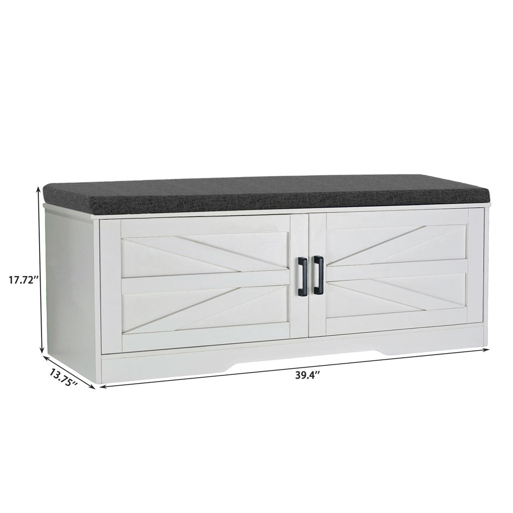 2 Tier Shoe Bench With Padded Seat, 2 Barn Doors And Adjustable Shelves, For Entryway And Living Room - White