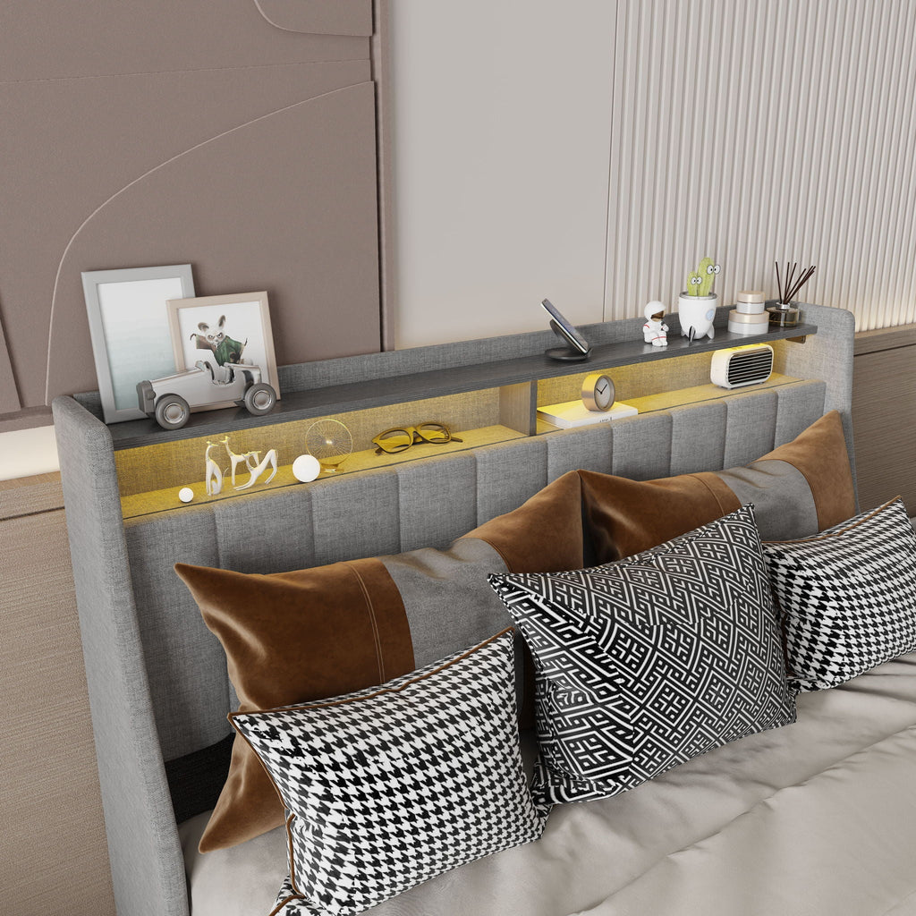 Queen Size Bed Frame With LED Lighting, Winged Headboard With Storage Drawers - Light Gray