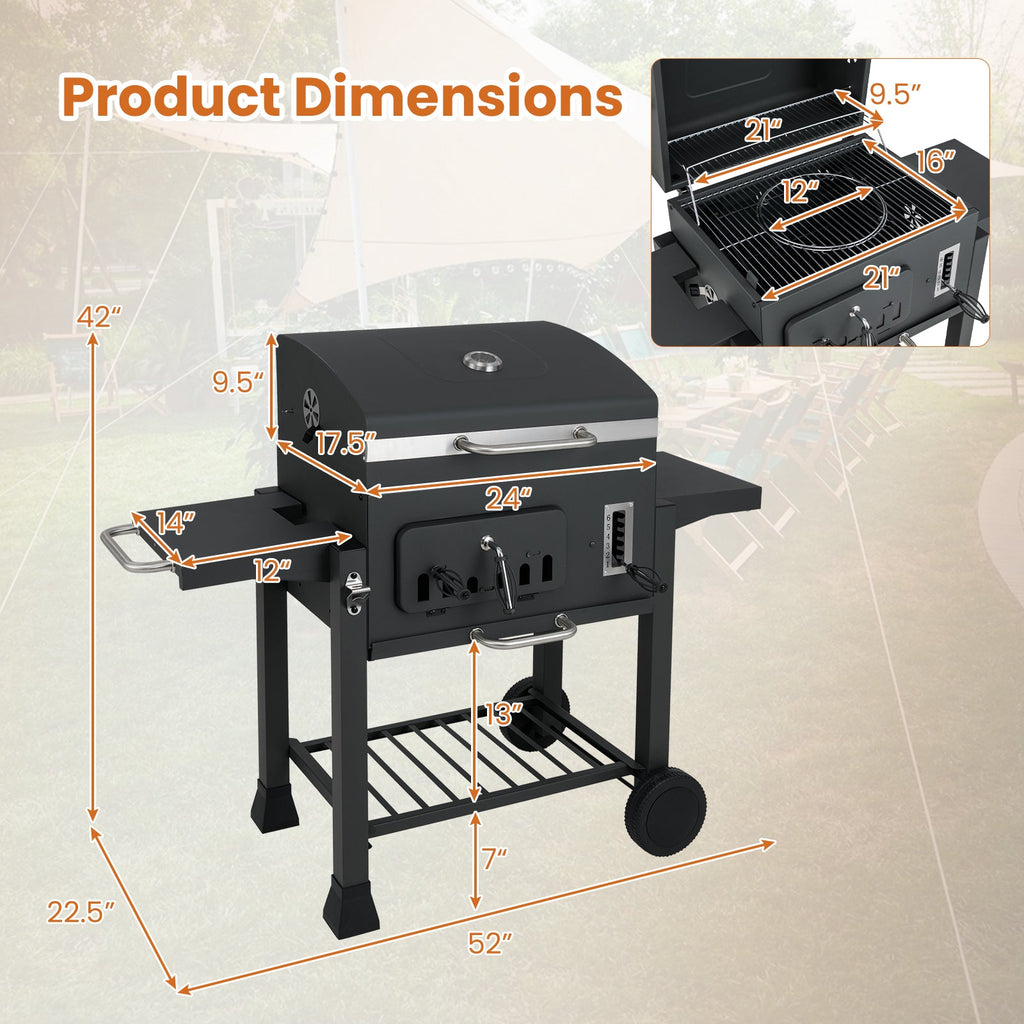 24-Inch Barrel Charcoal Grill with 2 Folding Side Tables and 544 sq.in Cooking Area