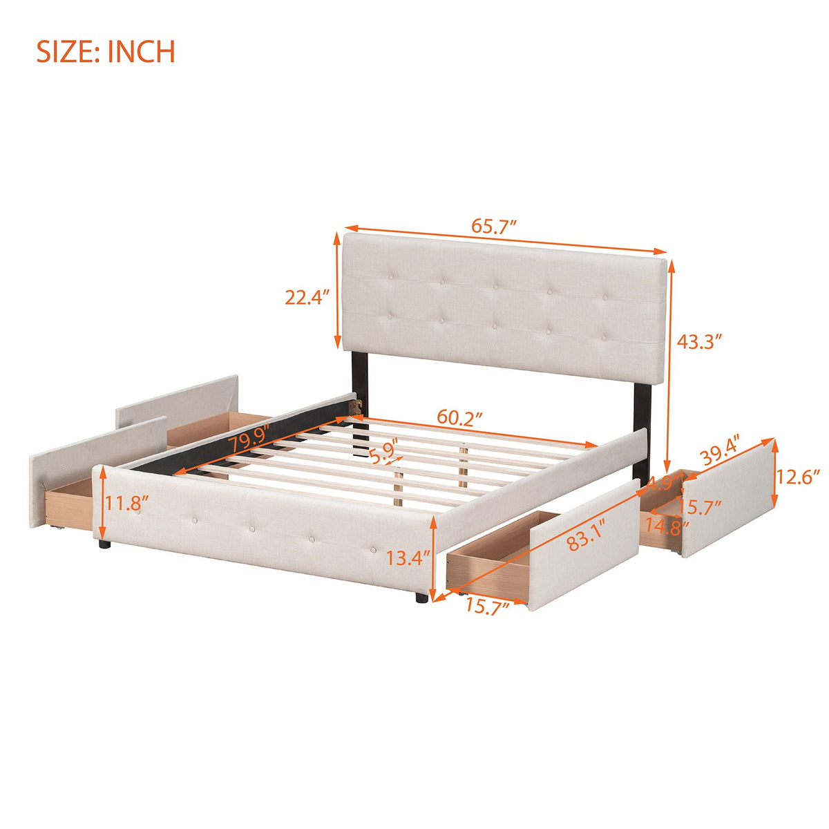 Upholstered Platform Bed With Classic Headboard And Drawers, No Box Spring Needed