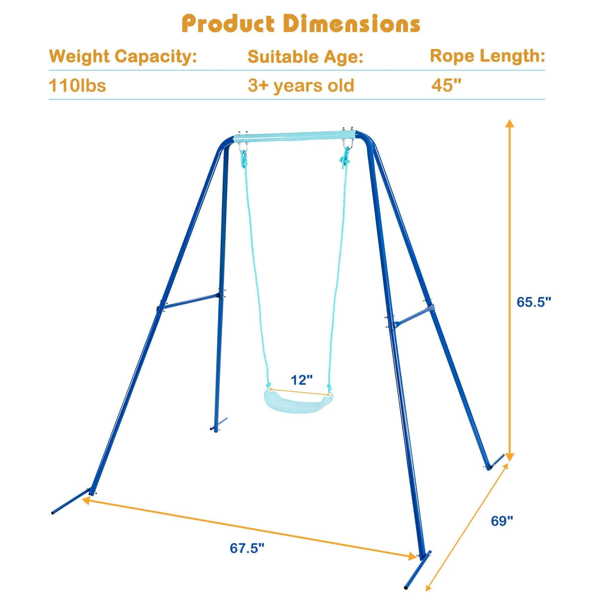 Outdoor Kids Swing Set with Heavy-Duty Metal A-Frame and Ground Stakes