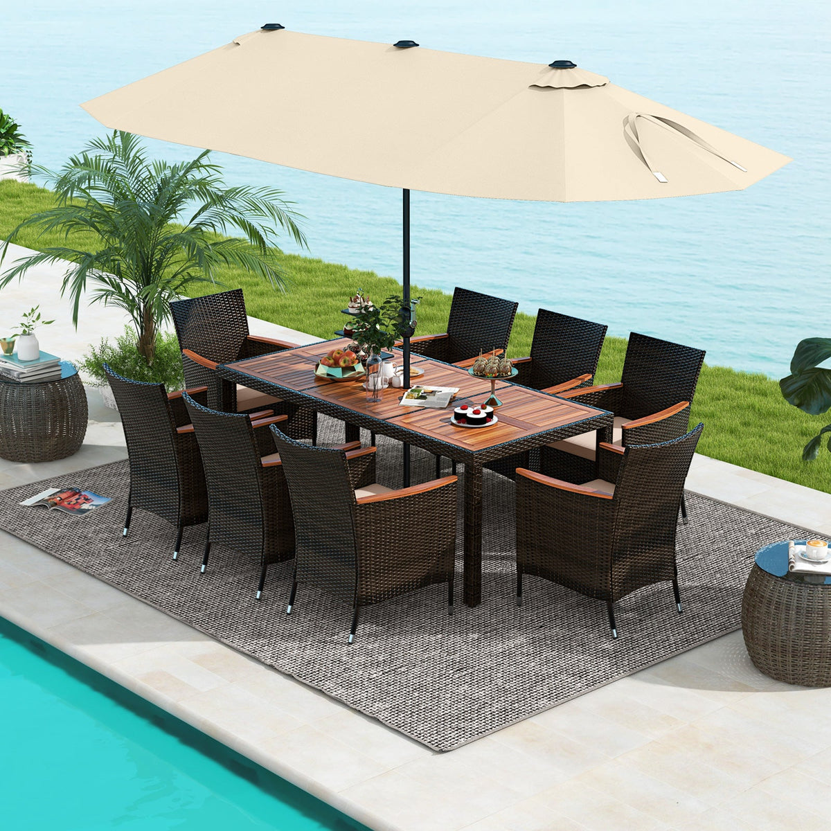 10 Piece Outdoor Dining Set with 15 Feet Double-Sided Twin Patio Umbrella