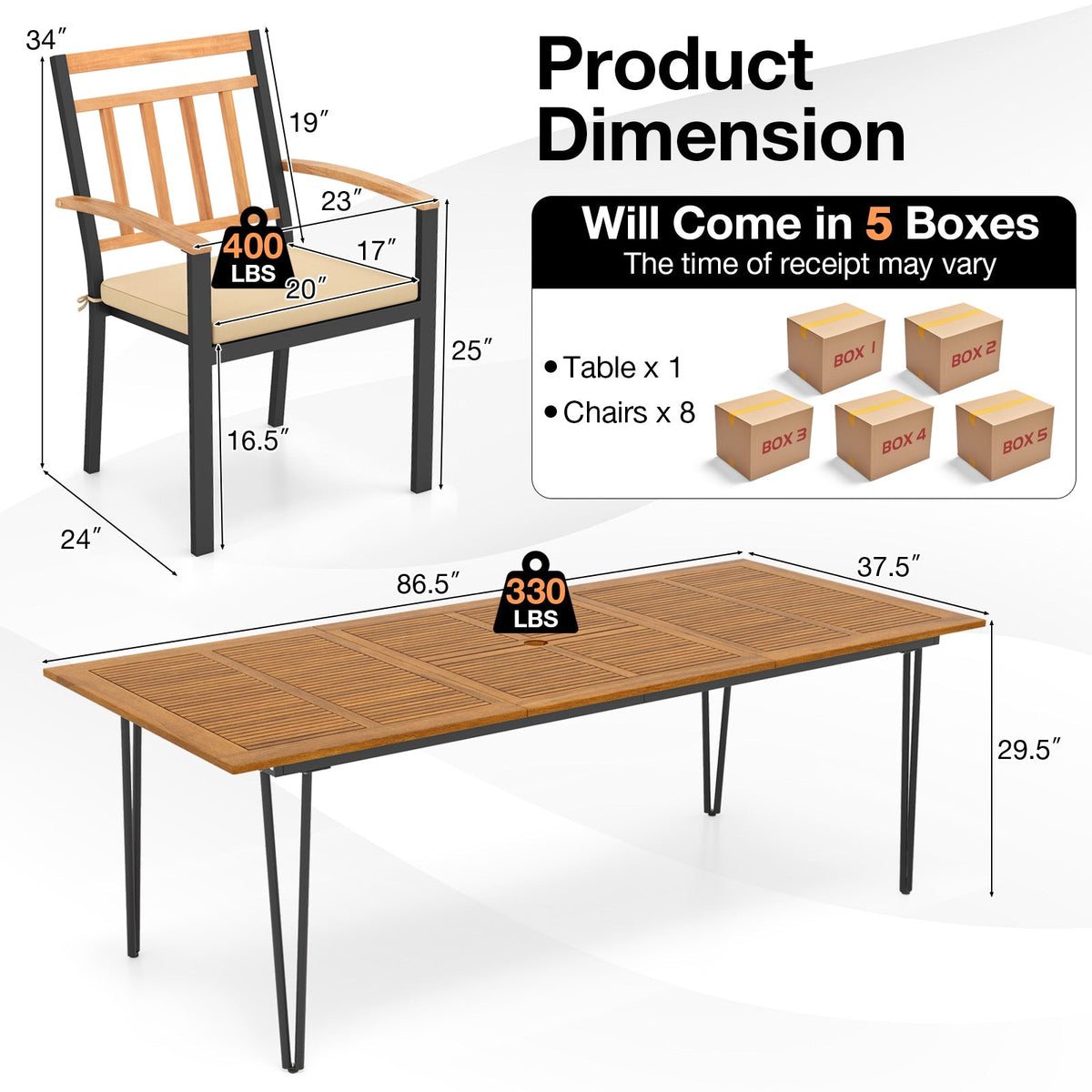 9 Pieces Patio Dining Outdoor Furniture Set with 8 Chairs and Umbrella Hole