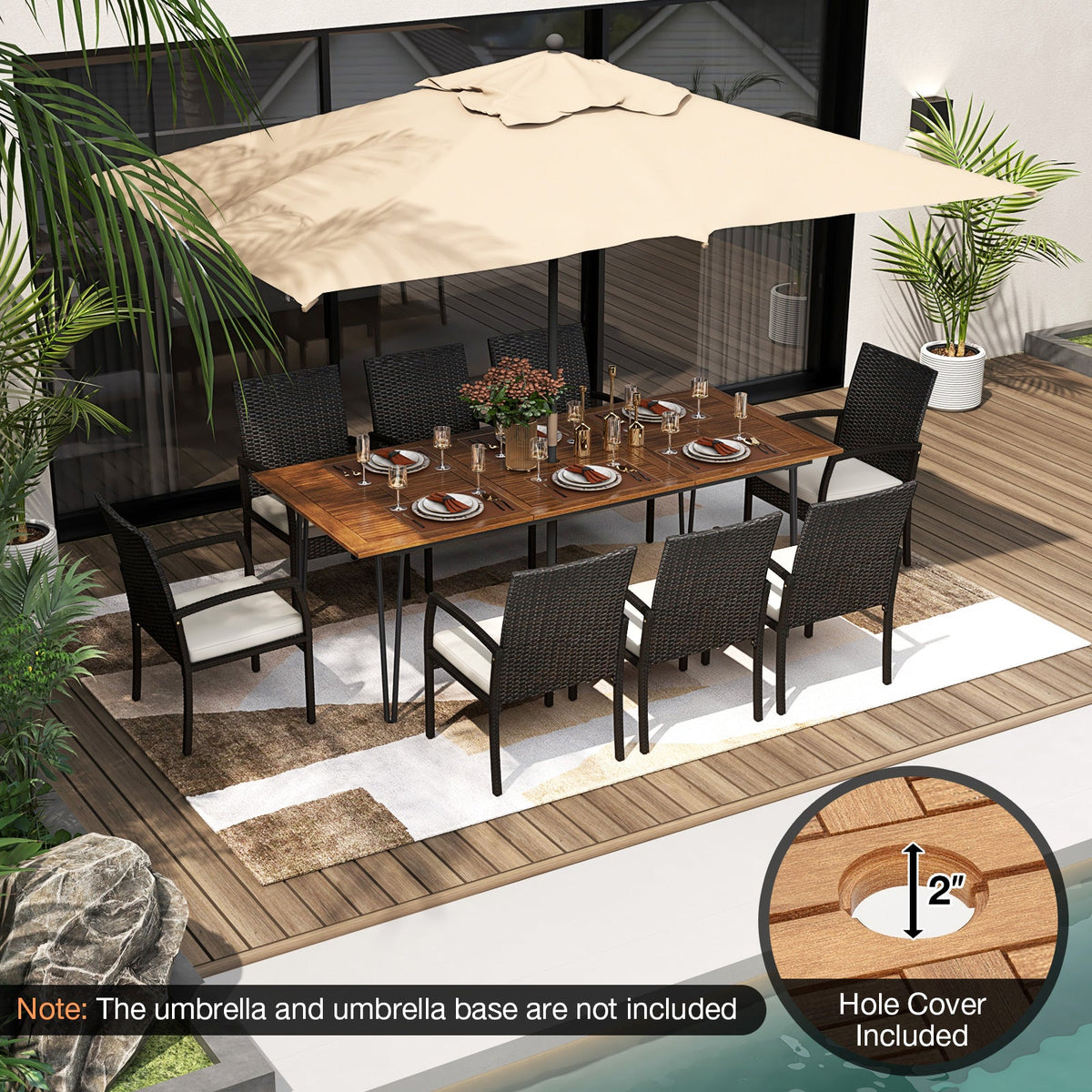 9 Pieces Outdoor Patio Dining Set with Soft Cushions and Acacia Wood Square Table