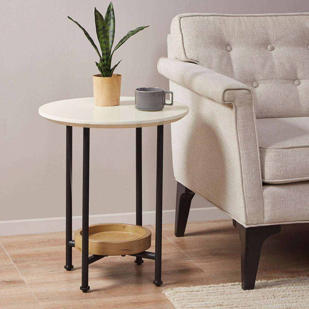 Oval End Table - White / Natural